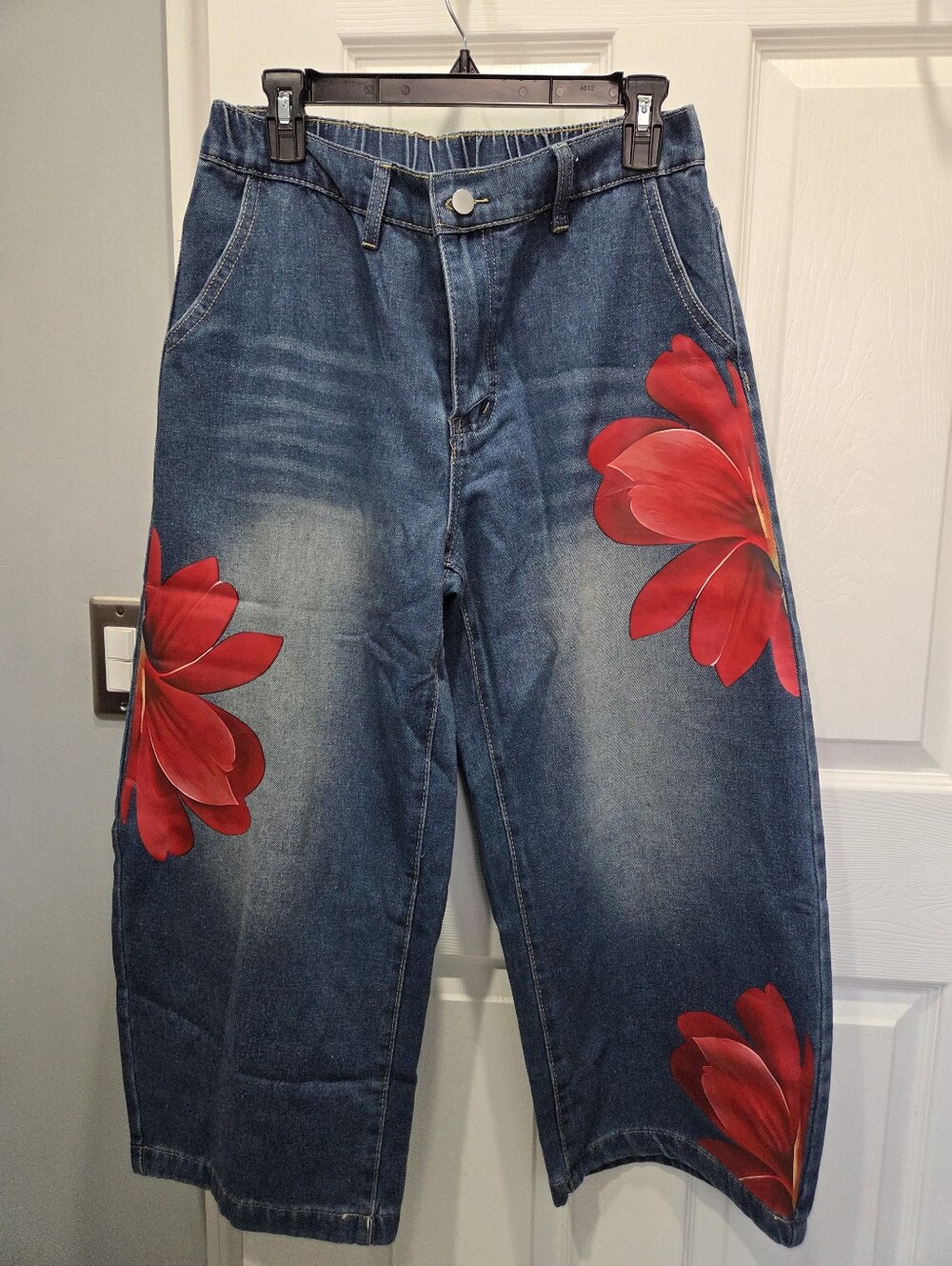 Women's Floral Print High Waist Loose Wide Leg Cropped Denim Jeans with Pockets